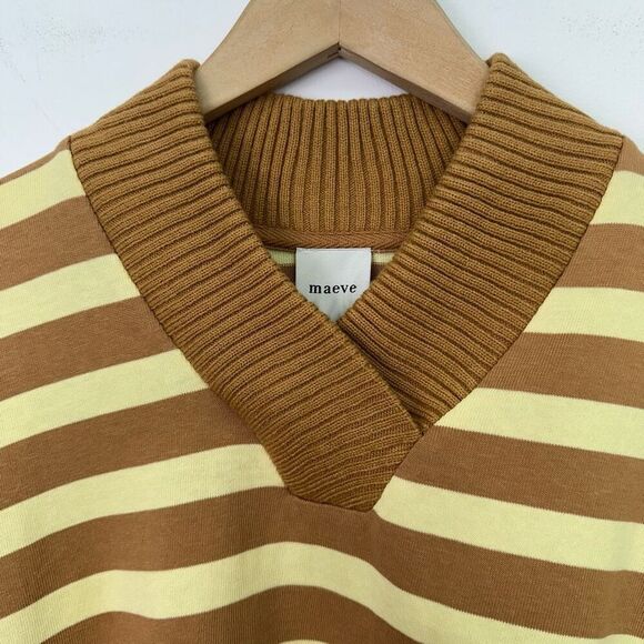 Anthropologie Maeve Women’s Yellow Tan Stripe Cotton Boxy Oversized V-Neck Top - Picture 8 of 11